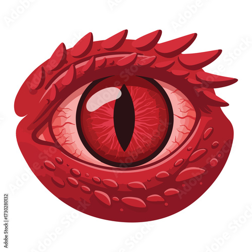 Red, reptilian eye with scales and spiked ridge
