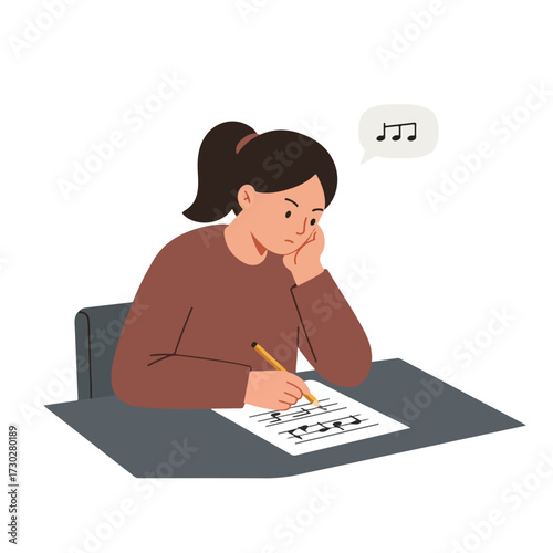 Woman composes music, holding pencil over sheet, thinking about the notes