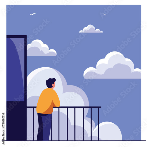 Man on balcony looks at cloudy sky with birds, simple geometric illustration