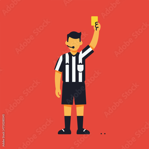 Soccer referee raises a yellow card against a red background
