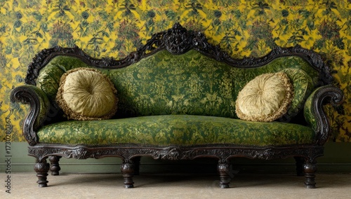 Ornate antique chaise lounge with a rich green and gold patterned upholstery, displayed against a vibrant yellow floral wallpaper.
