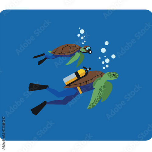 Diving turtles with scuba gear swim in blue water with bubbles