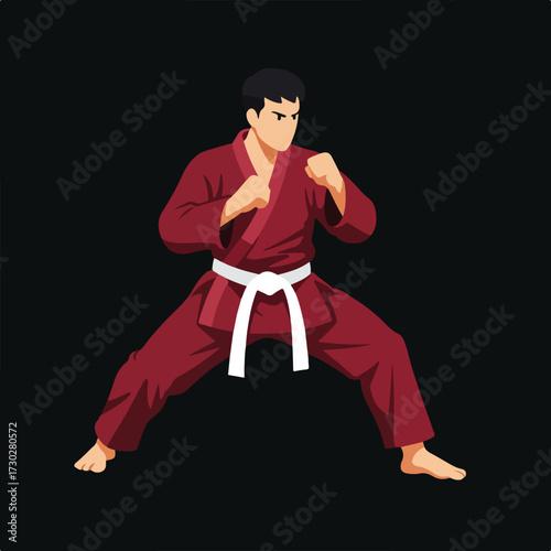 Martial artist in red gi with white belt, poised in fighting stance