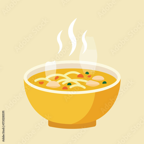 Steaming bowl of soup with vegetables and noodles on yellow background