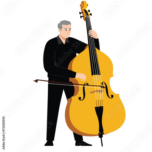 Man in black plays a yellow upright bass with a bow on white