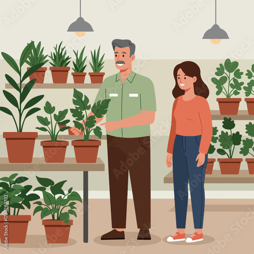 Man points to potted plant while woman stands near shelves of plants