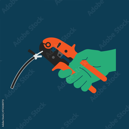 A hand holding wire crimpers, compressing a cable, against a blue background