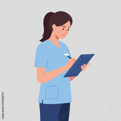 Nurse in blue scrubs writes on a clipboard, against a solid light gray background