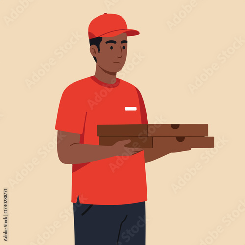 Illustration A delivery man holding pizza boxes in a red uniform
