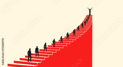 Silhouettes of people climbing a long red staircase towards a successful leader at the top, symbolizing career growth and achievement.