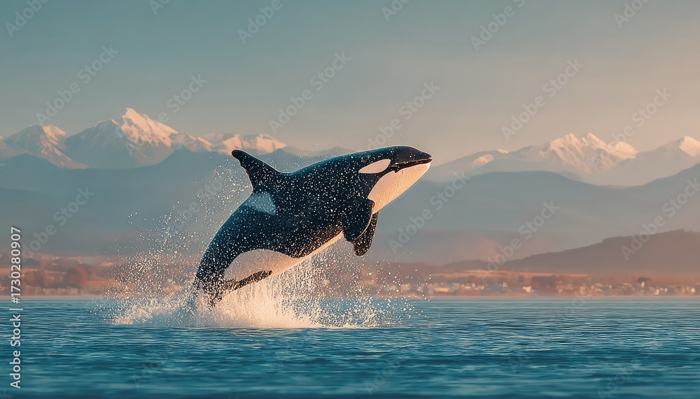 Fototapeta premium Orca leaping, vibrant sunrise over mountains