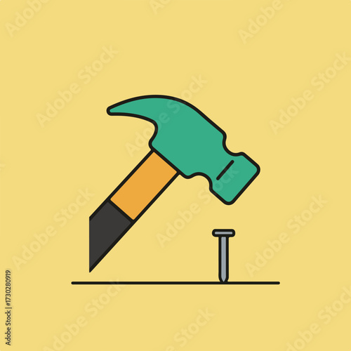Cartoon hammer hovering over nail, simple illustration on tan background