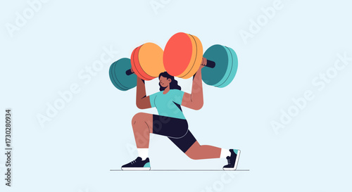 A woman performing a lunge exercise while holding a heavy barbell overhead, demonstrating strength and fitness.
