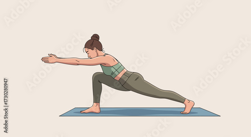 Woman in lunge yoga pose on mat with arms extended.