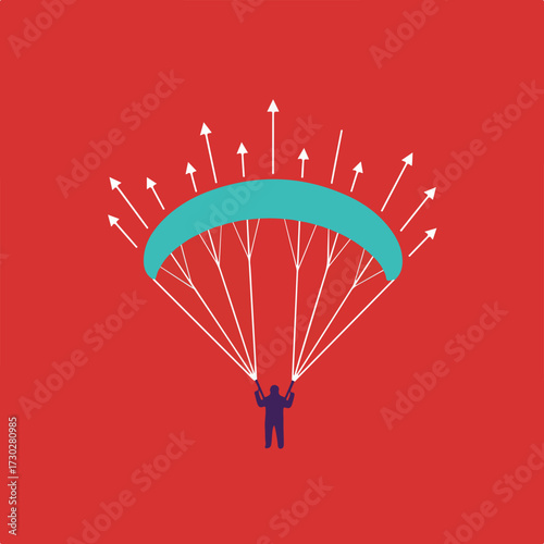 Paraglider with person on red background, upwards arrows, minimalist style