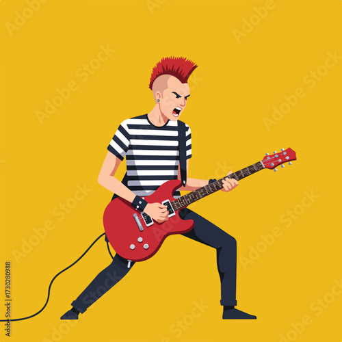 Punk rocker with a red mohawk playing a red electric guitar