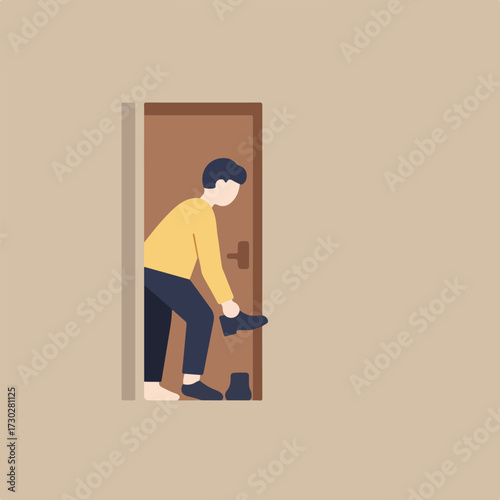 Cartoon person puts on a shoe in doorway, minimal design, neutral tones