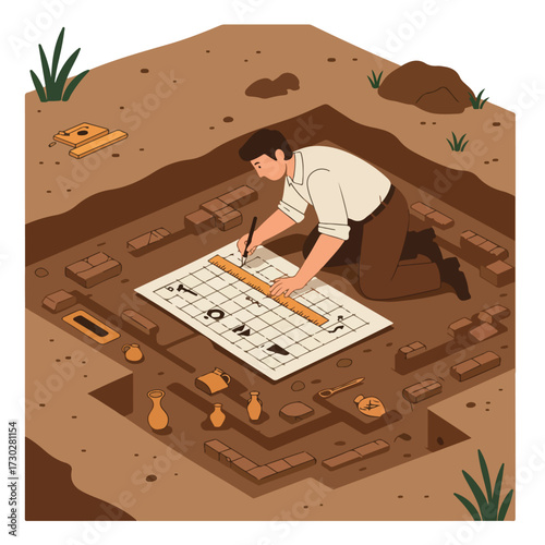 Archaeologist mapping artifacts in dirt excavation