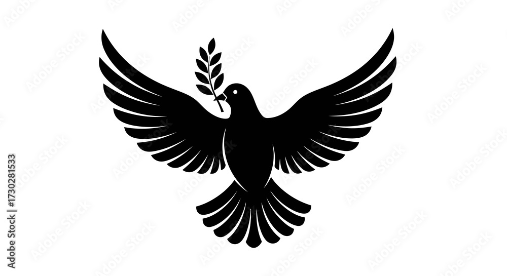 Fototapeta premium A black silhouette of a dove with outstretched wings holding an olive branch in its beak, symbolizing peace.