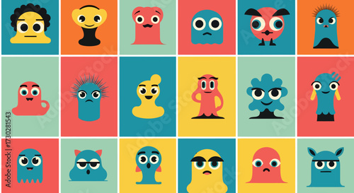 A vibrant grid of colorful, cartoonish monsters with diverse expressions and shapes, arranged in a playful pattern.