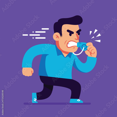 Angry man running and blowing whistle