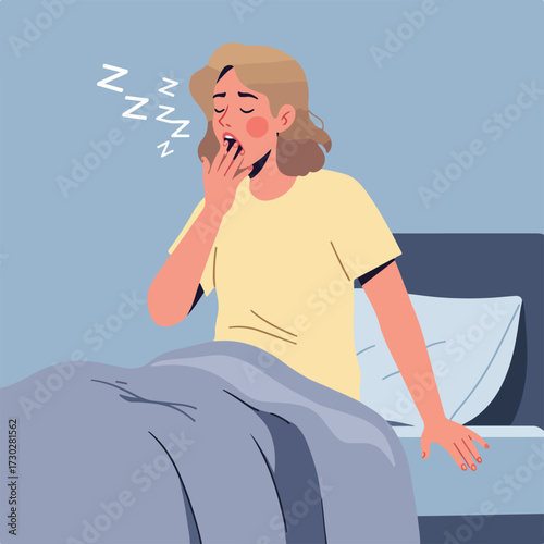 Yawning woman sits up in bed, "ZZZ" sleep lines indicate tiredness