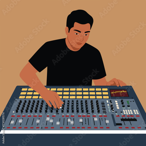 Focused person using an audio mixing console in studio