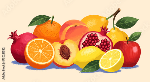 A colorful and vibrant assortment of fresh, ripe fruits including oranges, peaches, pomegranates, lemons, and an apple, some whole and some sliced.