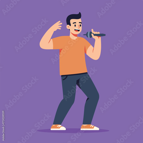 Person sings into a microphone with enthusiasm on a purple background