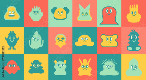 A colorful grid featuring various cartoonish monster-like characters with diverse expressions and shapes.