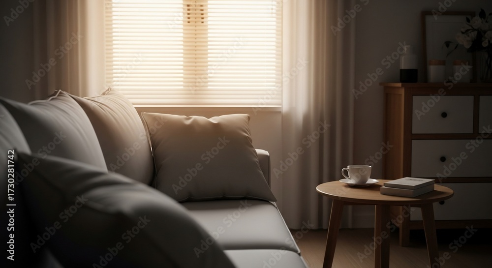 Fototapeta premium A cozy living room scene featuring a sofa, side table, and natural light streaming through the window