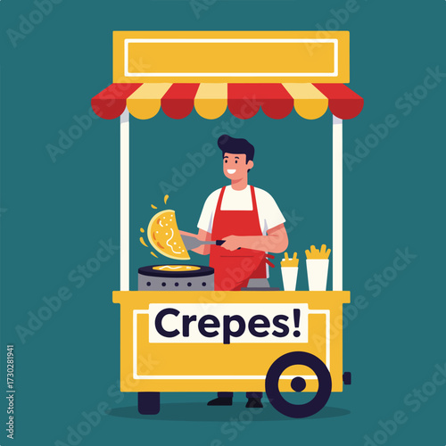 Crepe seller stands at food cart flipping a crepe on a flat top grill