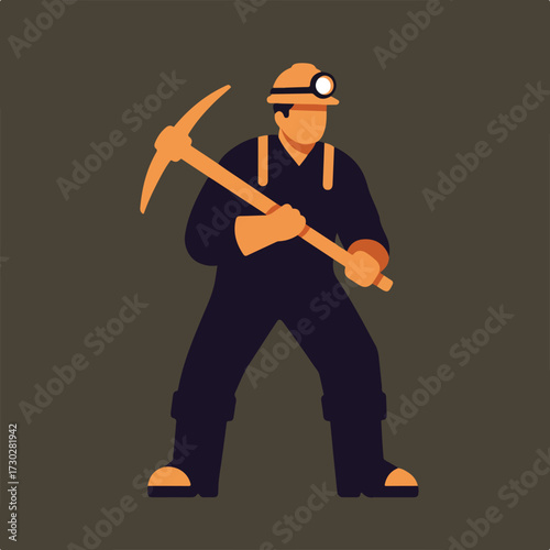 Flat vector illustration of a miner holding a pickaxe, wearing helmet