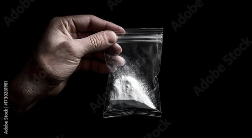 A hand holding a small plastic bag with white powder , symbolizing illegal drugs, addiction issues, crime, and substance abuse awareness