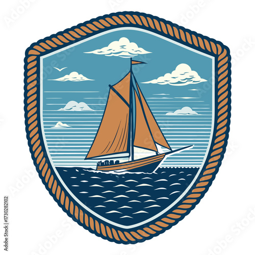 A vintage shield emblem features a sailboat on the sea under a cloudy sky.