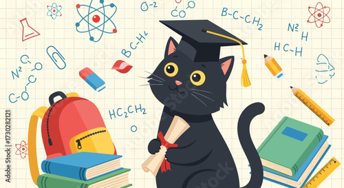A cute black cat wearing a graduation cap and holding a diploma, surrounded by school supplies and scientific formulas, symbolizing education and learning.