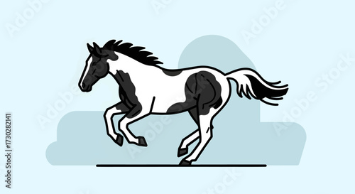 Running pinto horse illustration with black and white patches on a blue background.