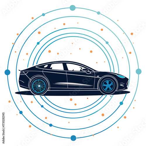 Stylized illustration of a dark blue electric car within concentric blue orbits.