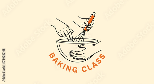 Minimalist line art illustration of hands mixing ingredients in a bowl with a whisk, featuring 'Baking Class' text.