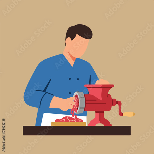 Chef grinding meat with a red grinder atop a table, tan background
