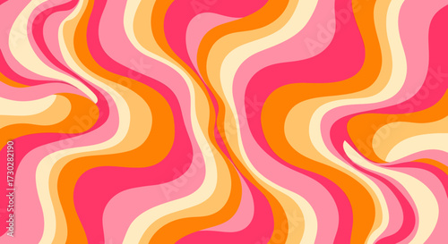 Abstract psychedelic swirl pattern with vibrant pink, orange, and cream wavy lines, creating a retro design.
