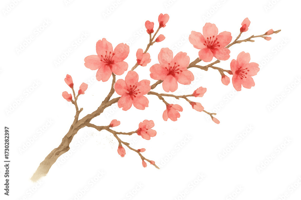 Naklejka premium Pink sakura flower branch watercolor painting blooming, symbolizing spring, nature, and japanese culture, transparent background