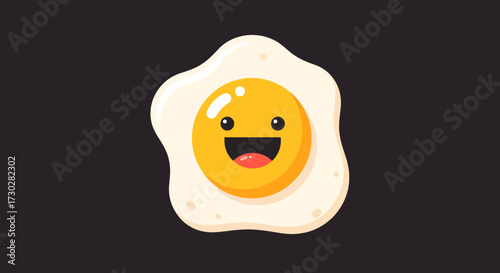 Cartoon fried egg with a smiling face on a dark background.
