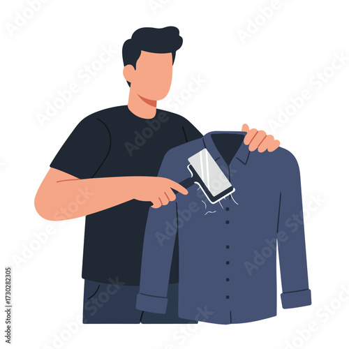 Man removing lint from a blue shirt using a lint roller, faceless character