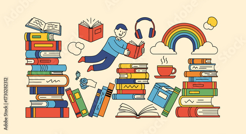 A whimsical illustration of a person joyfully reading books, surrounded by stacks of books, a steaming cup of coffee, headphones, and a rainbow.