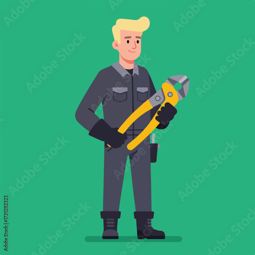 Cartoon man in coveralls holding yellow bolt cutters on a teal background