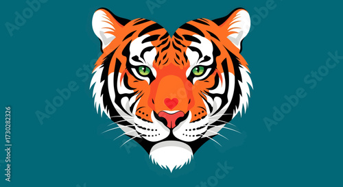 A stylized illustration of a tiger's face with green eyes and a heart-shaped nose against a teal background.