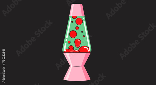 A cartoon illustration of a pink lava lamp with red wax blobs floating in green liquid against a dark background.