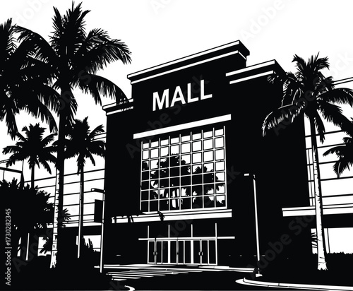 Silhouette illustration of a shopping mall exterior with palm trees, possibly in a tropical or coastal area isolated on white background