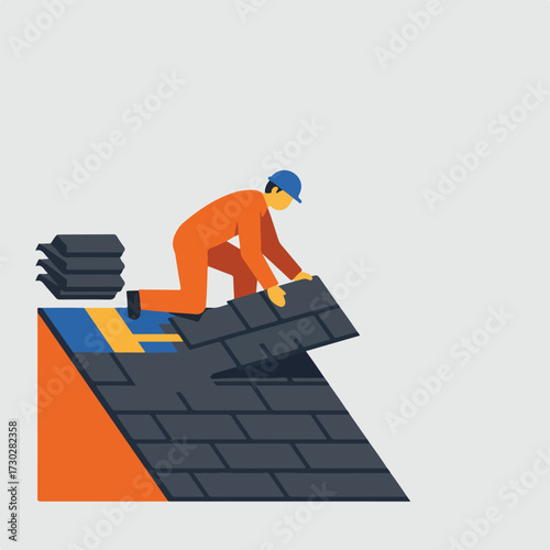 Roofer repairs a dark-tiled roof; replacement stack nearby